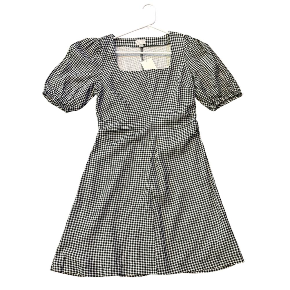 A New Day Black White Gingham Dress Puff Sleeves Size 2 NWT